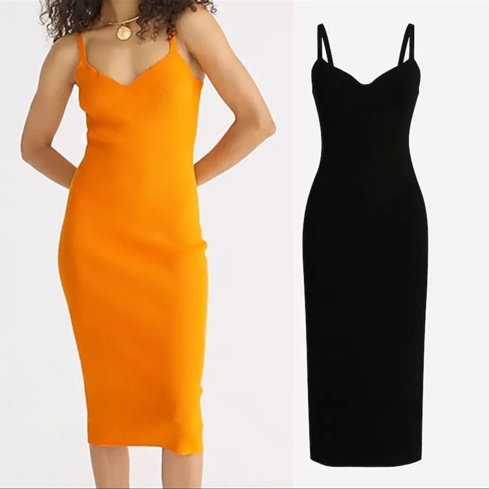 J. Crew Black Ribbed V-Neck Sweater Bodycon Midi Dress Women’s  Size Small S